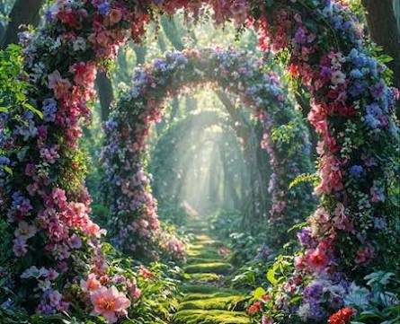 Garden path under flower arches with light through the trees